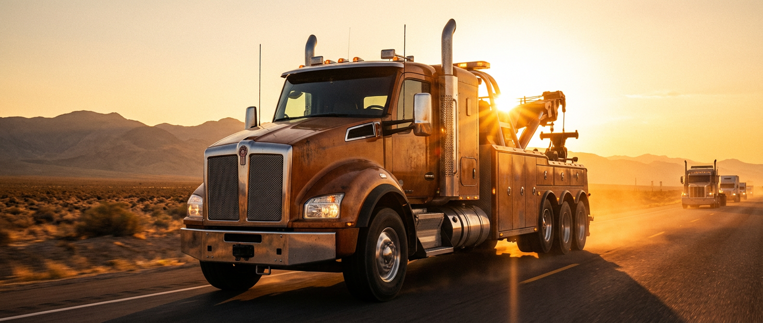 Heavy-duty tow truck on a highway at golden hour